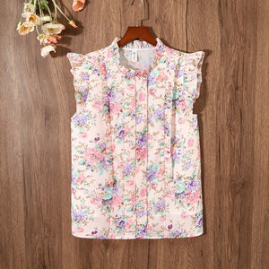 Sleeveless Ruffled Floral Women's Loose Sweet Chiffon Printed Top - MISSCLAUS