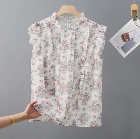 Sleeveless Ruffled Floral Women&#39;s Loose Sweet Chiffon Printed Top - MISSCLAUS
