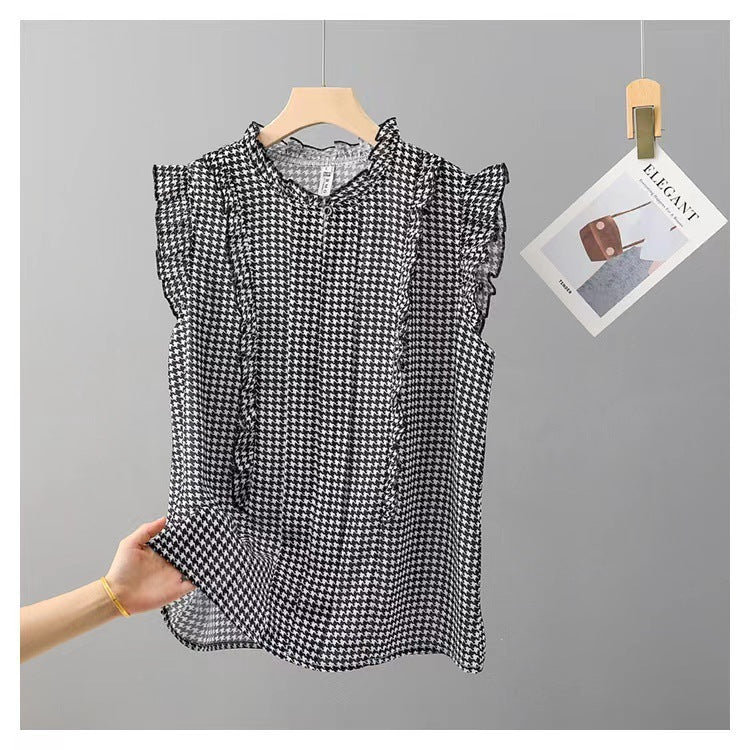 Sleeveless Ruffled Floral Women&#39;s Loose Sweet Chiffon Printed Top - MISSCLAUS