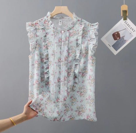 Sleeveless Ruffled Floral Women&#39;s Loose Sweet Chiffon Printed Top - MISSCLAUS