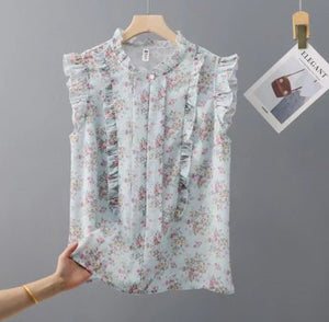 Sleeveless Ruffled Floral Women's Loose Sweet Chiffon Printed Top - MISSCLAUS