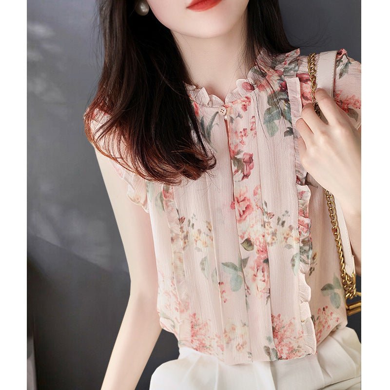 Sleeveless Ruffled Floral Women&#39;s Loose Sweet Chiffon Printed Top - MISSCLAUS