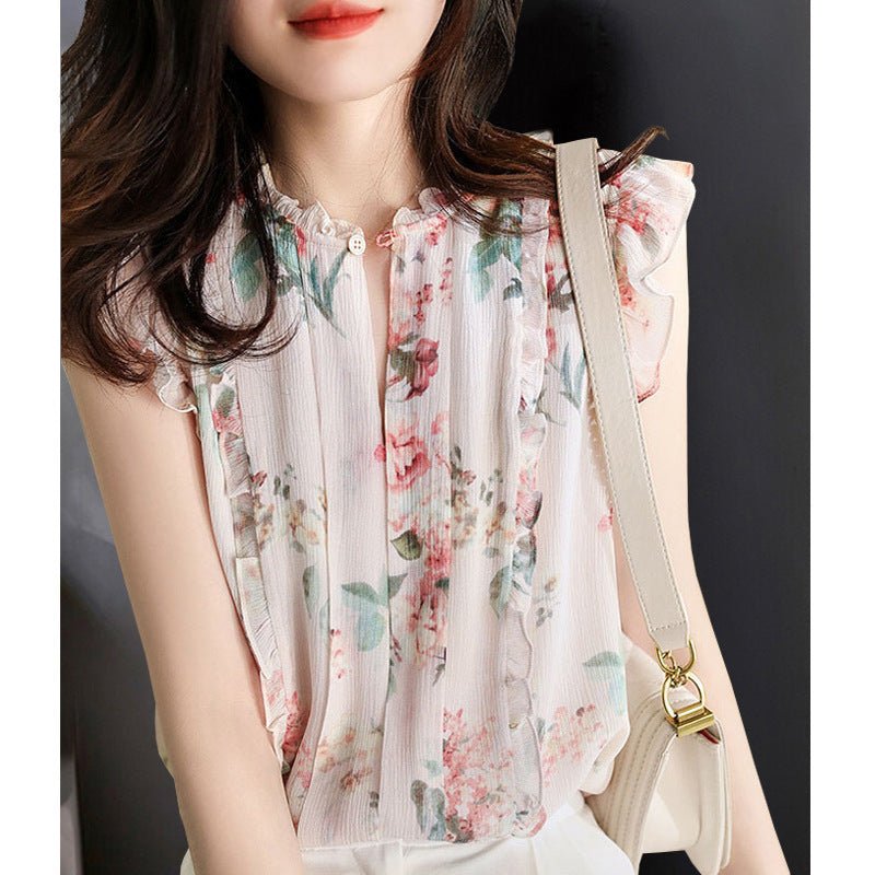 Sleeveless Ruffled Floral Women&#39;s Loose Sweet Chiffon Printed Top - MISSCLAUS