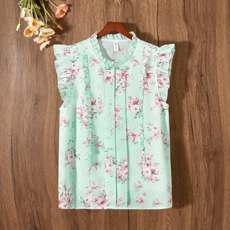 Sleeveless Ruffled Floral Women&#39;s Loose Sweet Chiffon Printed Top - MISSCLAUS