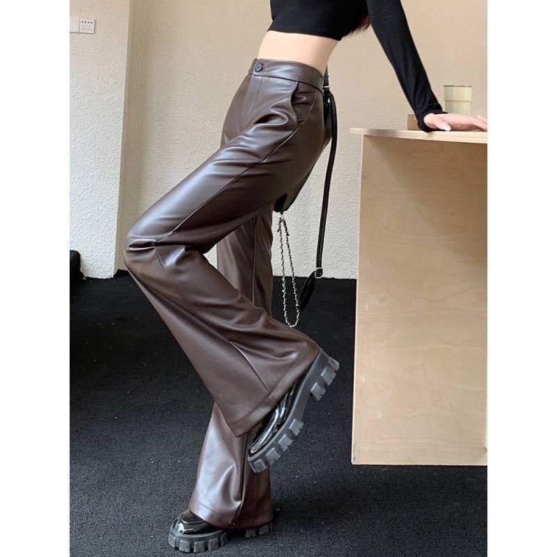 Slim Fit Leather Bootcut Trousers Slimming High Waist Casual Leather Pants - MISSCLAUS