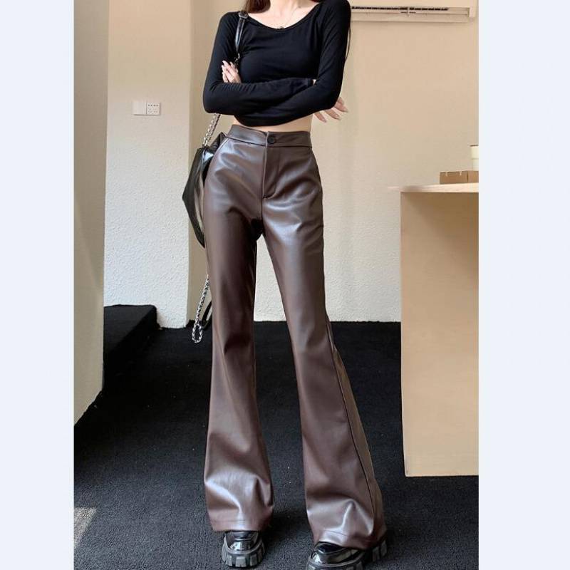 Slim Fit Leather Bootcut Trousers Slimming High Waist Casual Leather Pants - MISSCLAUS
