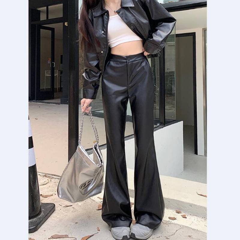 Slim Fit Leather Bootcut Trousers Slimming High Waist Casual Leather Pants - MISSCLAUS
