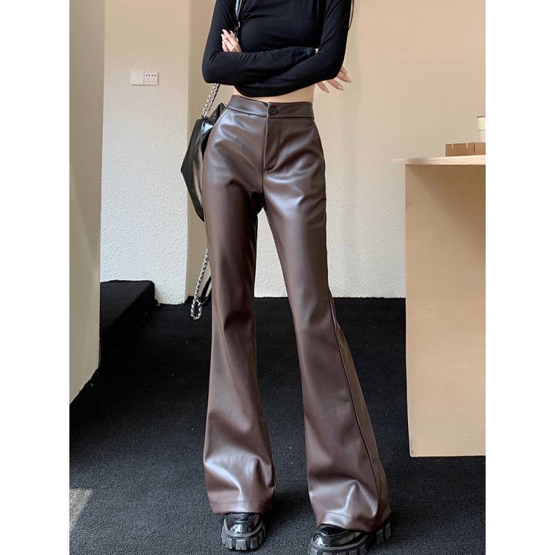 Slim Fit Leather Bootcut Trousers Slimming High Waist Casual Leather Pants - MISSCLAUS