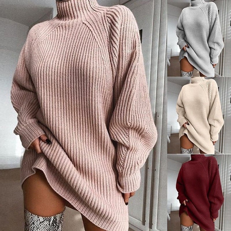 Solid Turtleneck Long Sweater Winter Warm Women Sweater Dress - MISSCLAUS
