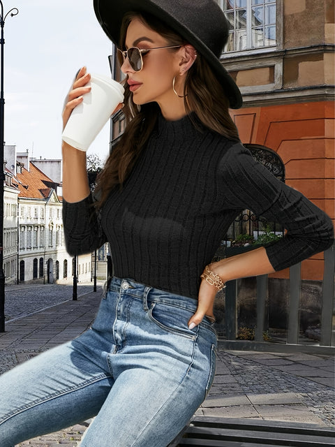 solid mock neck rib knit top