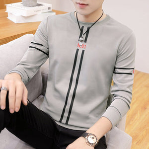 Spring and Autumn New mens printed long - sleeved T-shirt teen round neck bottom top fashion casual mens clothing - MISSCLAUS