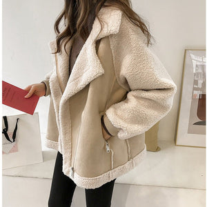 Suede Jacket Women Short Lamb Velvet Motorcycle Jacket - MISSCLAUS