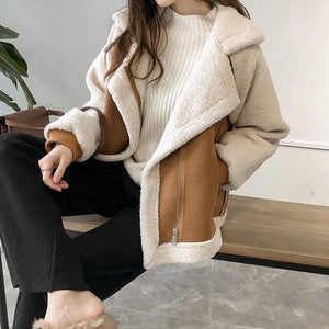 Suede Jacket Women Short Lamb Velvet Motorcycle Jacket - MISSCLAUS