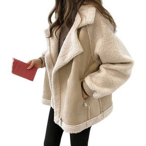 Suede Jacket Women Short Lamb Velvet Motorcycle Jacket - MISSCLAUS