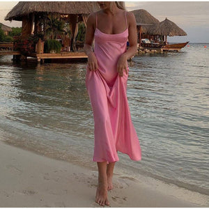 Women Camis Satin Long Dresses Elegant Sleeveless Slip Holiday Party Dresses Sexy Casual Backless Summer Dresses - MISSCLAUS