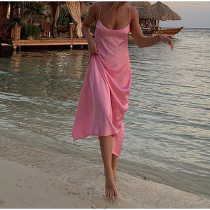 Women Camis Satin Long Dresses Elegant Sleeveless Slip Holiday Party Dresses Sexy Casual Backless Summer Dresses - MISSCLAUS