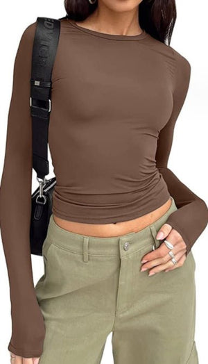 Women's Clothing Fashion Slim Long - sleeved Pullovers Tops Solid Causal Fit Shirts - MISSCLAUS