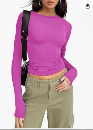 Women's Clothing Fashion Slim Long - sleeved Pullovers Tops Solid Causal Fit Shirts - MISSCLAUS