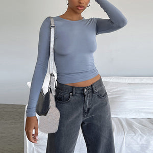 Women's Clothing Fashion Slim Long - sleeved Pullovers Tops Solid Causal Fit Shirts - MISSCLAUS
