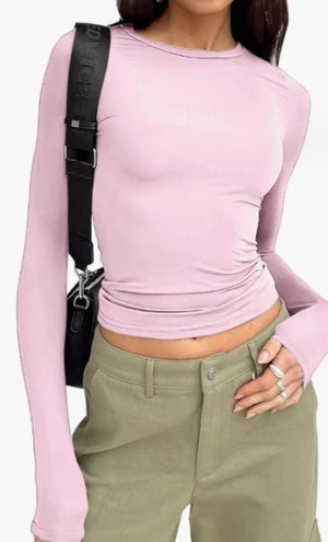 Women's Clothing Fashion Slim Long - sleeved Pullovers Tops Solid Causal Fit Shirts - MISSCLAUS