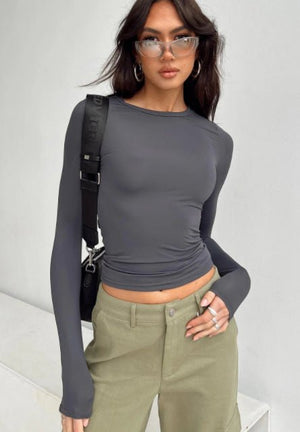 Women's Clothing Fashion Slim Long - sleeved Pullovers Tops Solid Causal Fit Shirts - MISSCLAUS