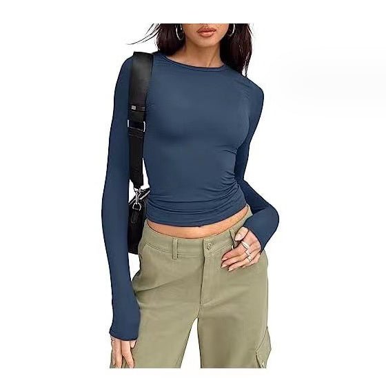 Women&#39;s Clothing Fashion Slim Long - sleeved Pullovers Tops Solid Causal Fit Shirts - MISSCLAUS