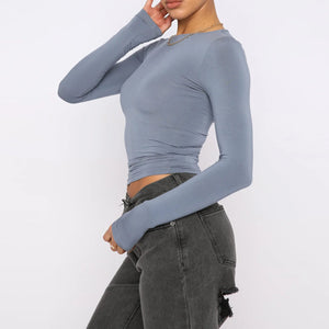 Women's Clothing Fashion Slim Long - sleeved Pullovers Tops Solid Causal Fit Shirts - MISSCLAUS