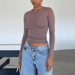 Women's Clothing Fashion Slim Long - sleeved Pullovers Tops Solid Causal Fit Shirts - MISSCLAUS