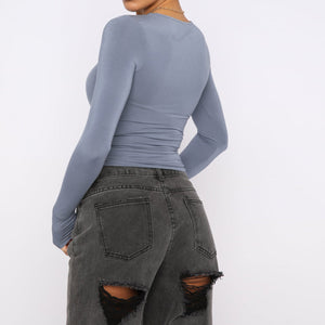 Women's Clothing Fashion Slim Long - sleeved Pullovers Tops Solid Causal Fit Shirts - MISSCLAUS