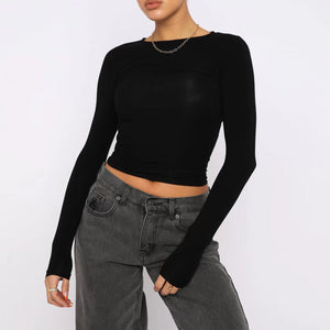 Women's Clothing Fashion Slim Long - sleeved Pullovers Tops Solid Causal Fit Shirts - MISSCLAUS