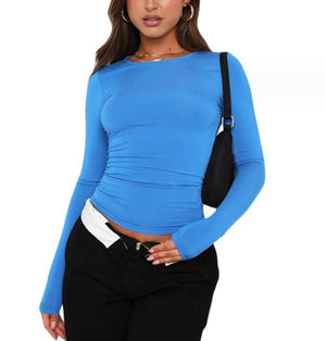 Women's Clothing Fashion Slim Long - sleeved Pullovers Tops Solid Causal Fit Shirts - MISSCLAUS