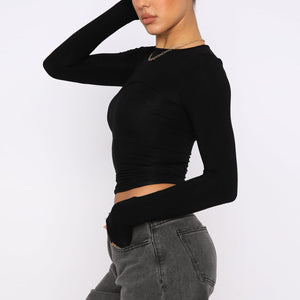 Women's Clothing Fashion Slim Long - sleeved Pullovers Tops Solid Causal Fit Shirts - MISSCLAUS