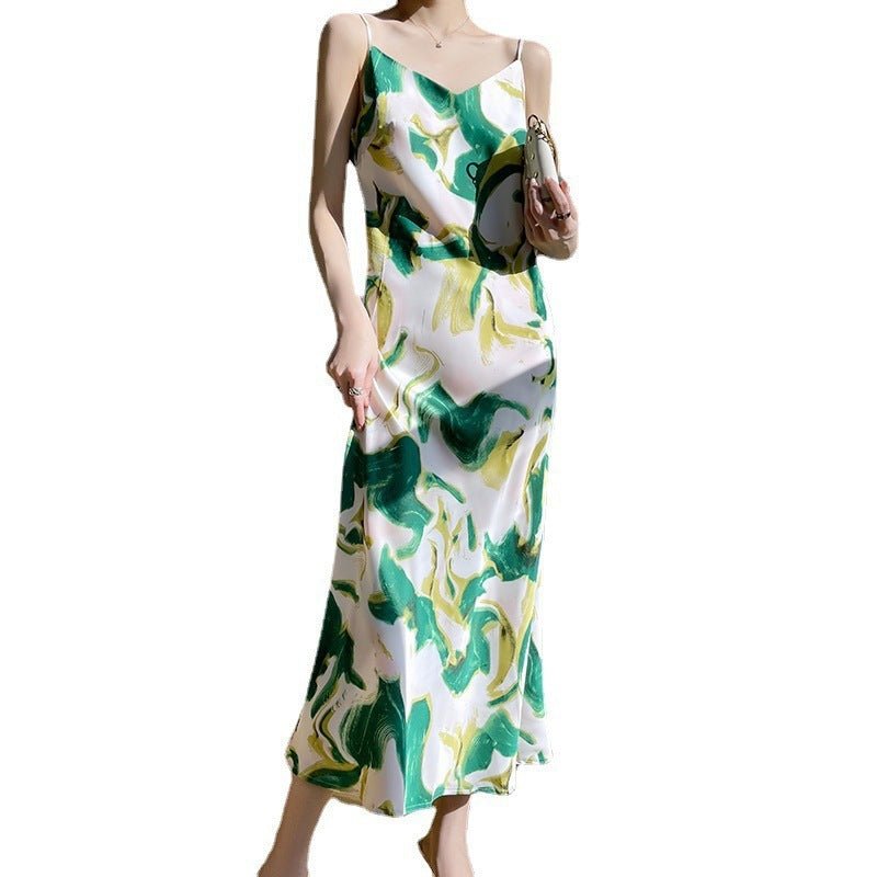 Women&#39;s V - neck Mid - length Satin Sling Dress - MISSCLAUS