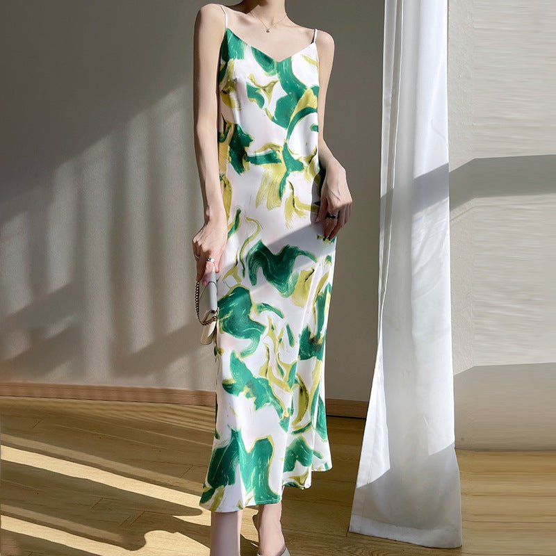 Women's V - neck Mid - length Satin Sling Dress - MISSCLAUS