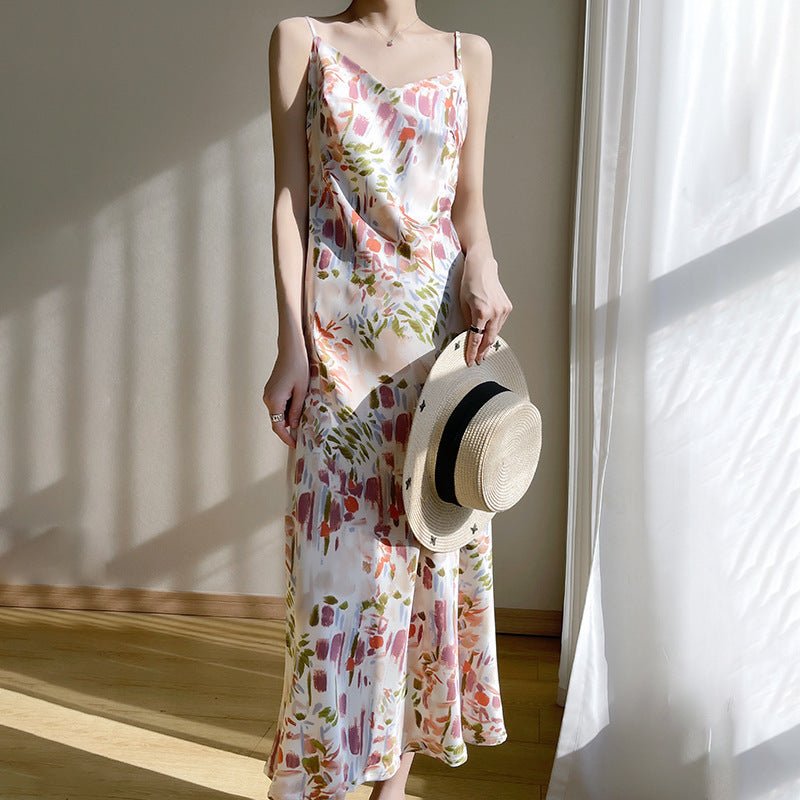 Women&#39;s V - neck Mid - length Satin Sling Dress - MISSCLAUS