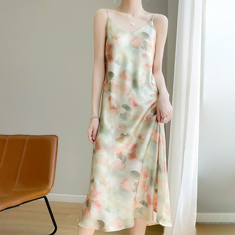 Women&#39;s V - neck Mid - length Satin Sling Dress - MISSCLAUS